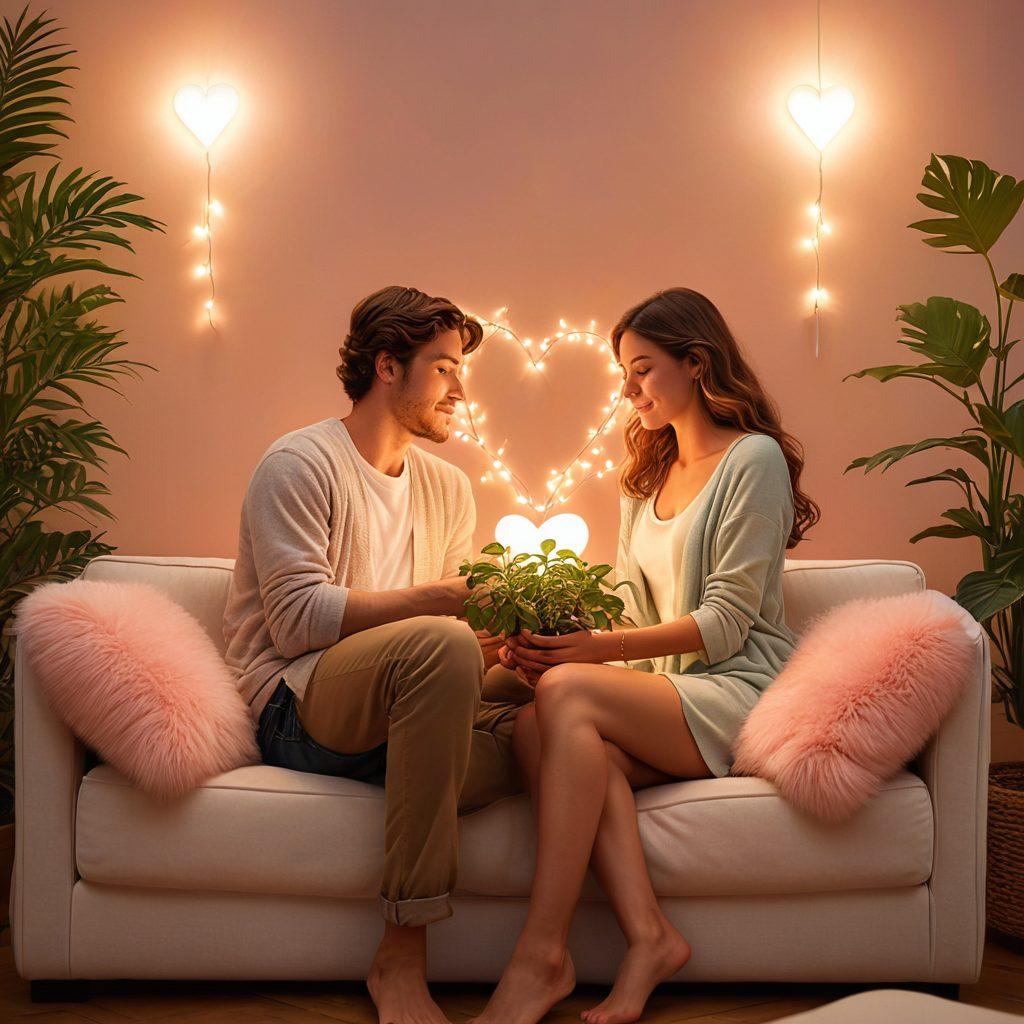 A warm, cozy scene of two people sitting together on a sofa, sharing a heartfelt moment with soft, glowing lights around them. Include elements that symbolize affection, like a heart-shaped plant and intertwined hands, emphasizing connection. The background should have soothing colors, creating an intimate atmosphere. super-realistic. warm colors. soft lighting.