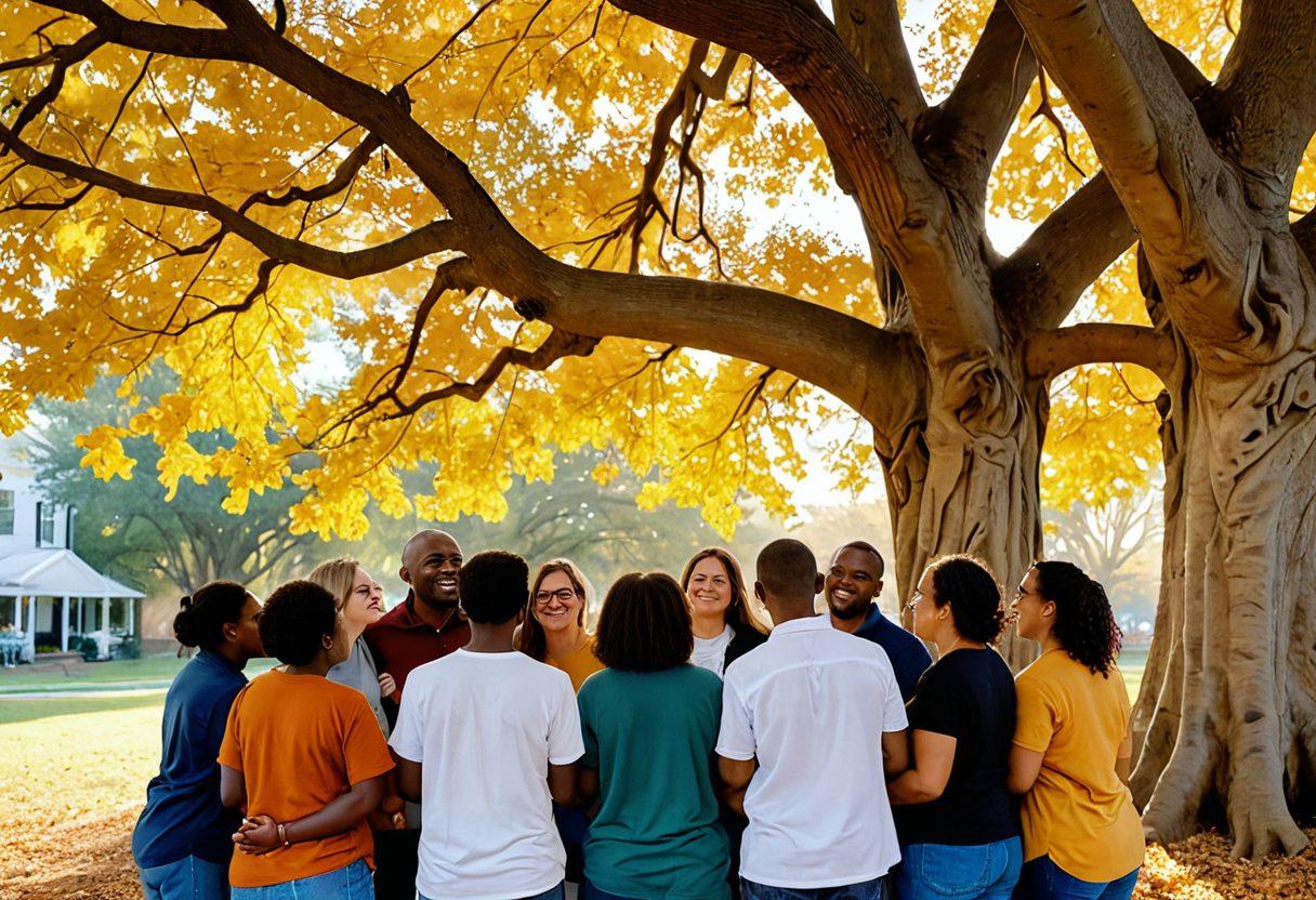 A diverse group of people from various backgrounds, smiling and engaging in a heartfelt conversation under a large tree, symbolizing unity and support. Warm, soft lighting enhances the atmosphere, while scattered leaves create a sense of nature embracing the connection. Inclusive and positive facial expressions highlight empathy and understanding among them. super-realistic. vibrant colors. soothing background.