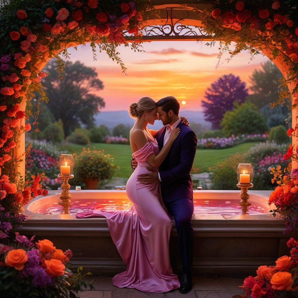 A warm, intimate setting with a couple sharing a heartfelt moment, surrounded by soft candlelight and vibrant flowers symbolizing passion. The background features a blossoming garden under a sunset sky, representing growth and deep connections. Incorporate gentle light reflections and a touch of warmth to evoke emotions of love and devotion. super-realistic. vibrant colors. warm lighting.